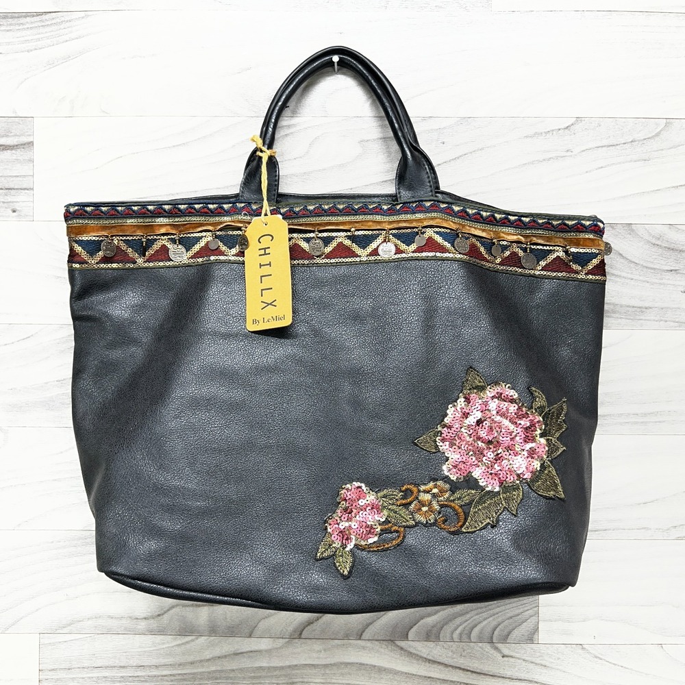 Chillx By LeMiel Tote Bag‎ Women's Black Faux Leather Floral Sequin Embroidered
